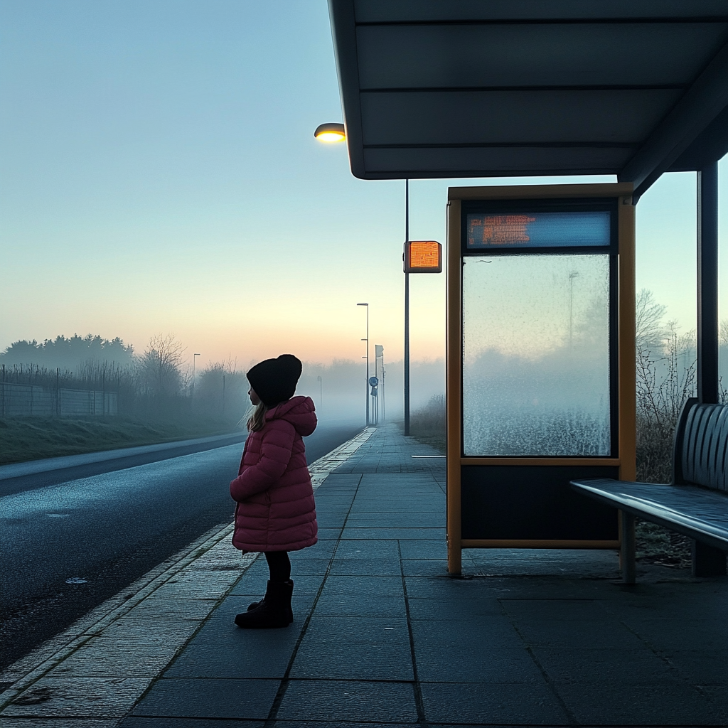 Una niña en una parada de autobús | Fuente: Midjourney