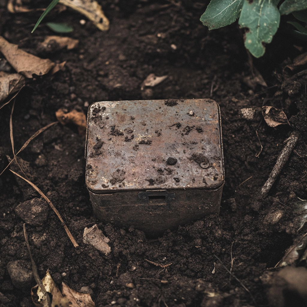 Una vieja caja metálica enterrada en la tierra de un jardín | Fuente: Midjourney