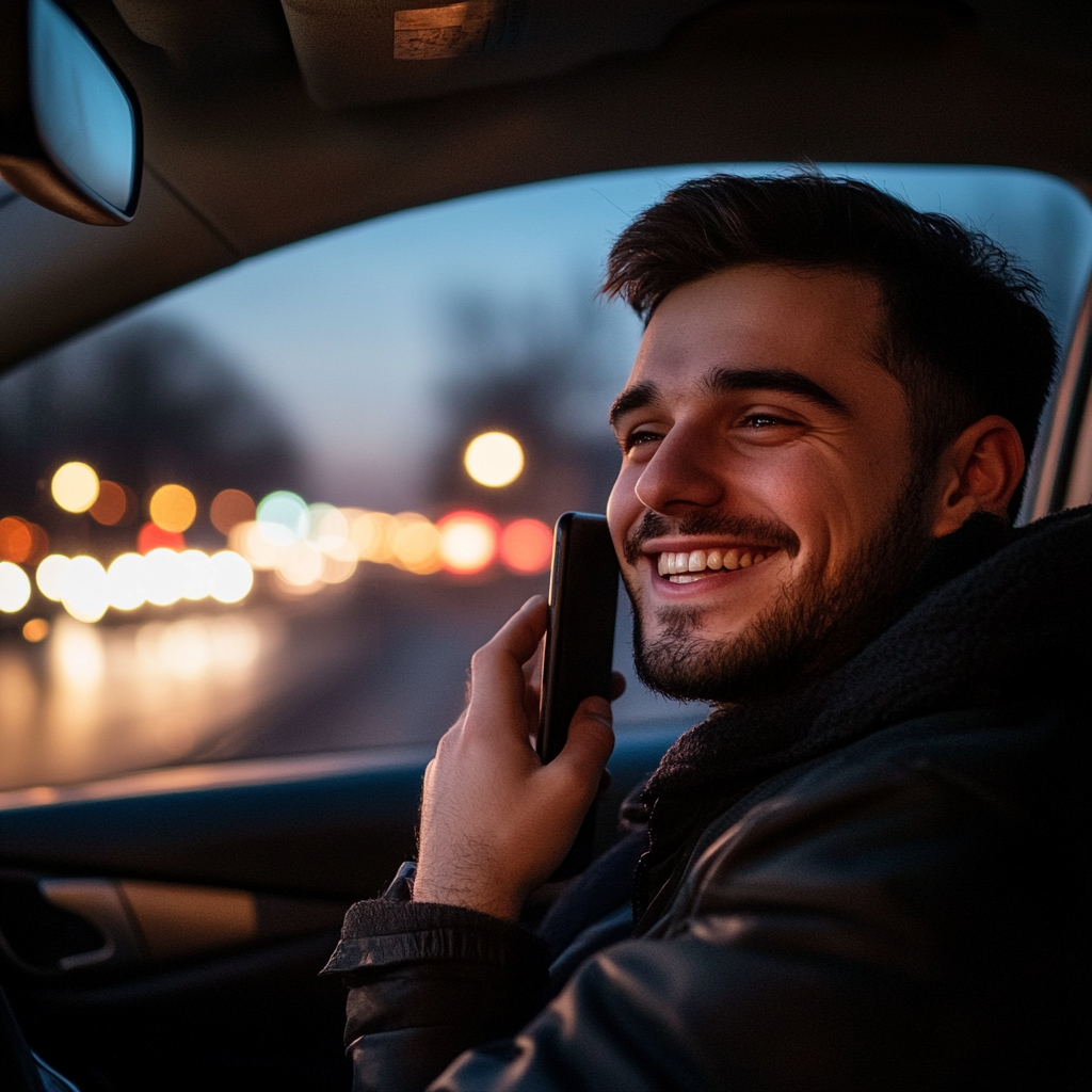 Un hombre sonriente hablando por teléfono mientras conduce | Fuente: Midjourney