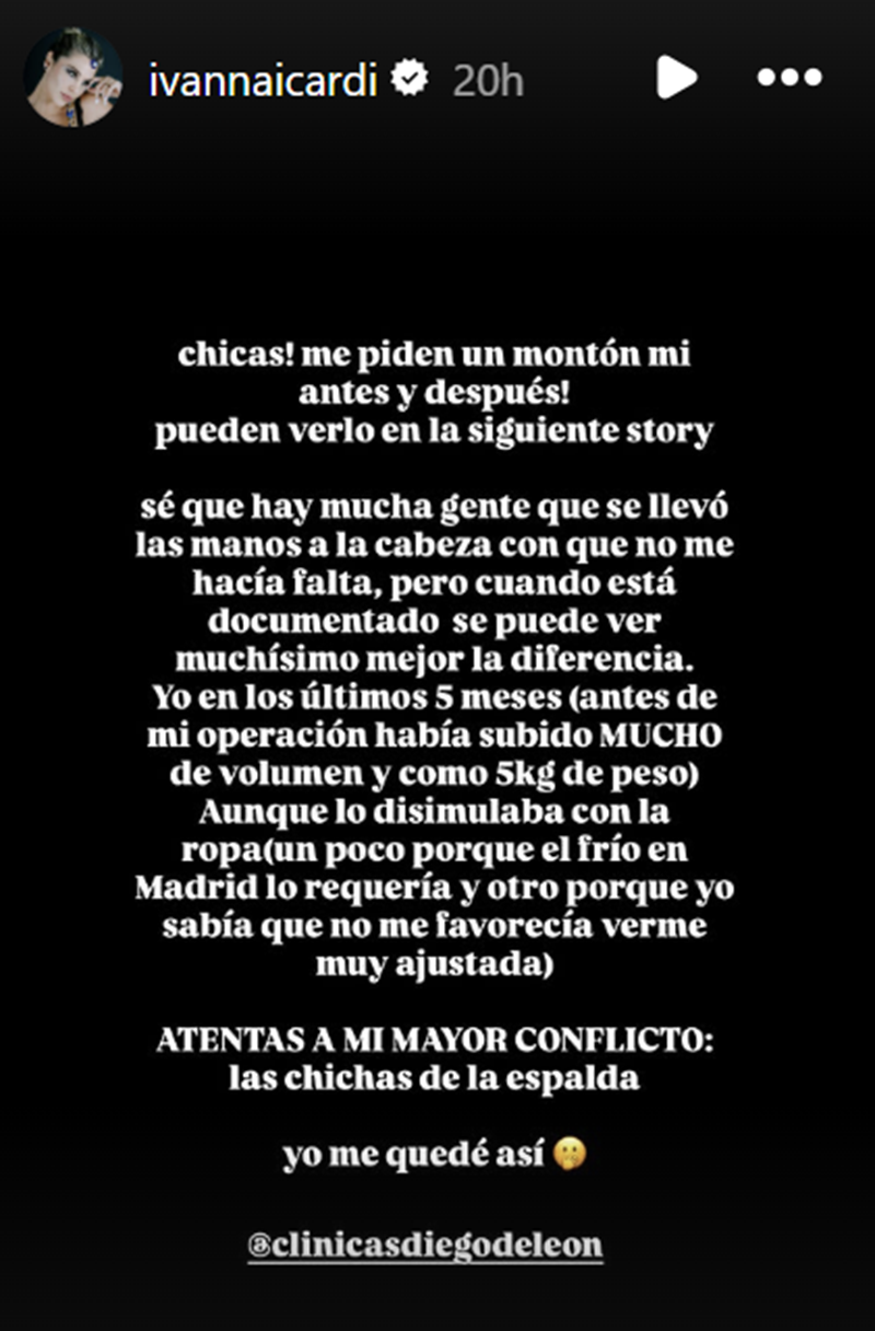 Mensaje de Ivana Icardi tras someterse a una operación estética | Fuente: Instagram Stories/ivannaicardi