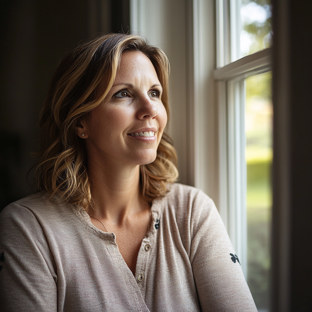 Una mujer sonriente mirando por la ventana | Fuente: Midjourney