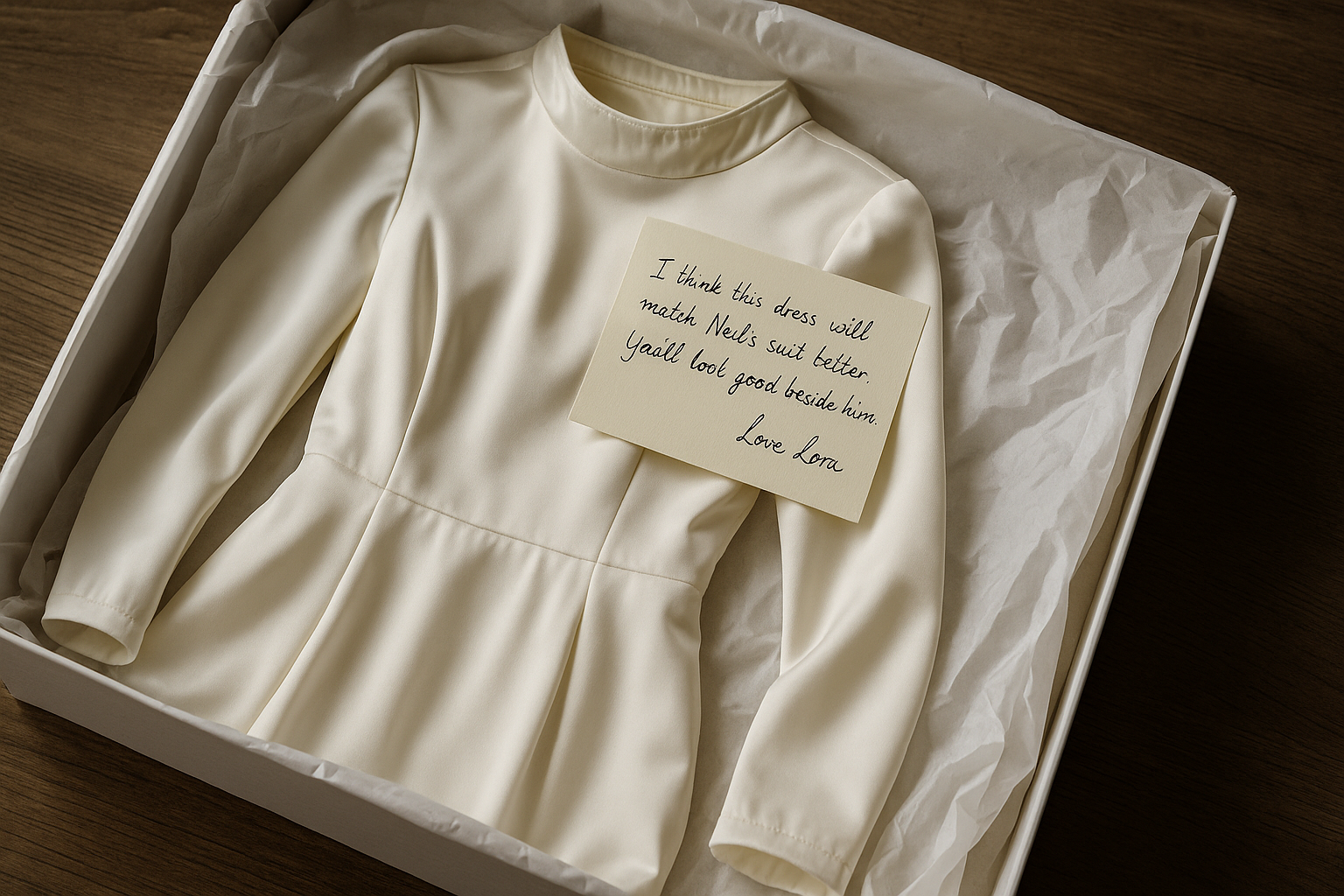 Un vestido blanco con una nota en el paquete | Fuente: Sora