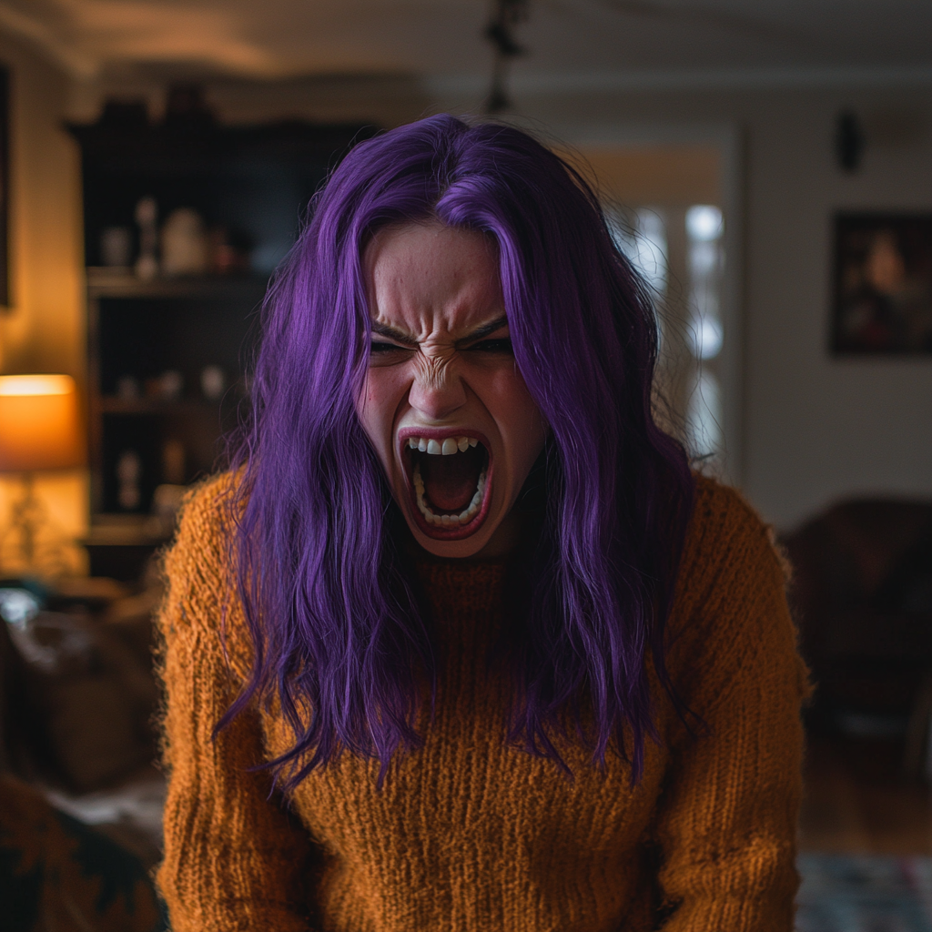 Una mujer gritando con el pelo morado ⏐ Fuente: Midjourney