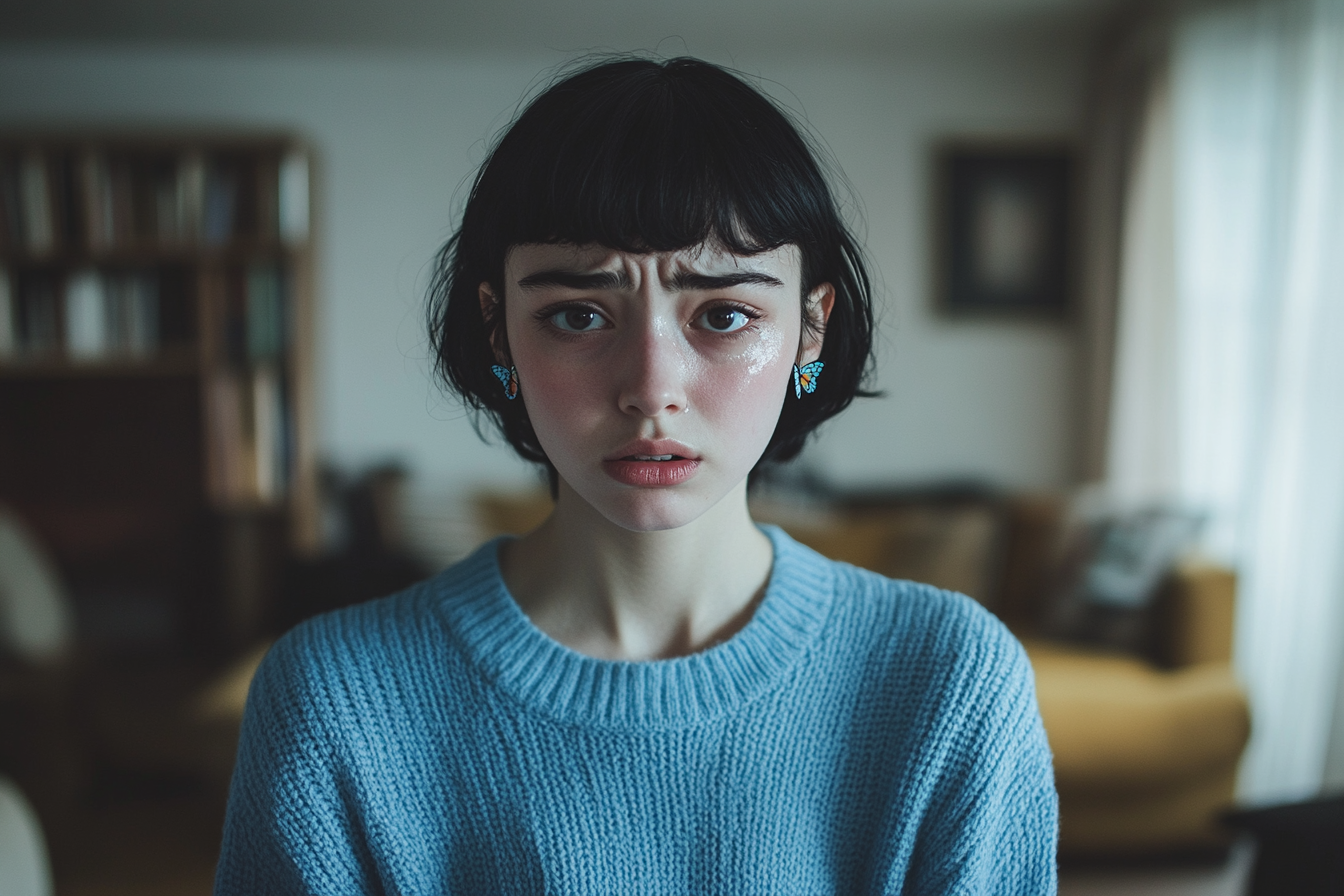 Mujer joven con el pelo corto y negro que parece triste en un salón | Fuente: Midjourney