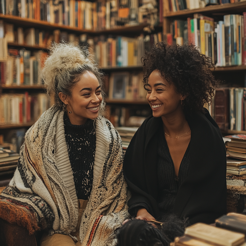 Dos mujeres emocionadas hablando en una biblioteca | Fuente: Midjourney