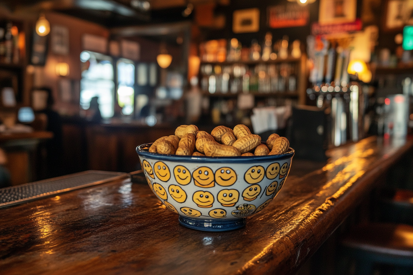 Cacahuetes en un cuenco con una cara sonriente en la barra de un bar | Fuente: Midjourney