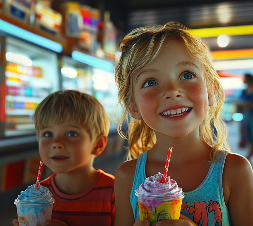 Dos niños felices en una tienda | Fuente: Midjourney