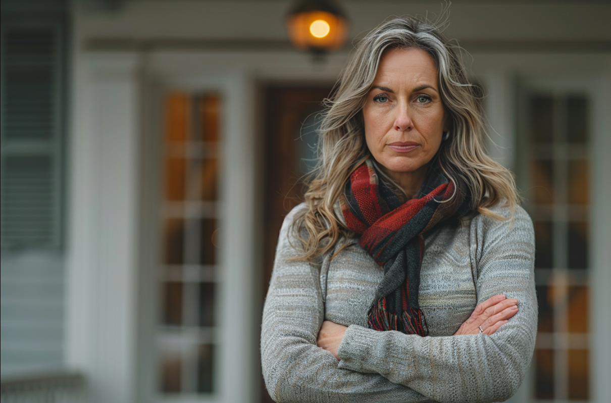 Una mujer enfadada frente a su casa | Fuente: Midjourney