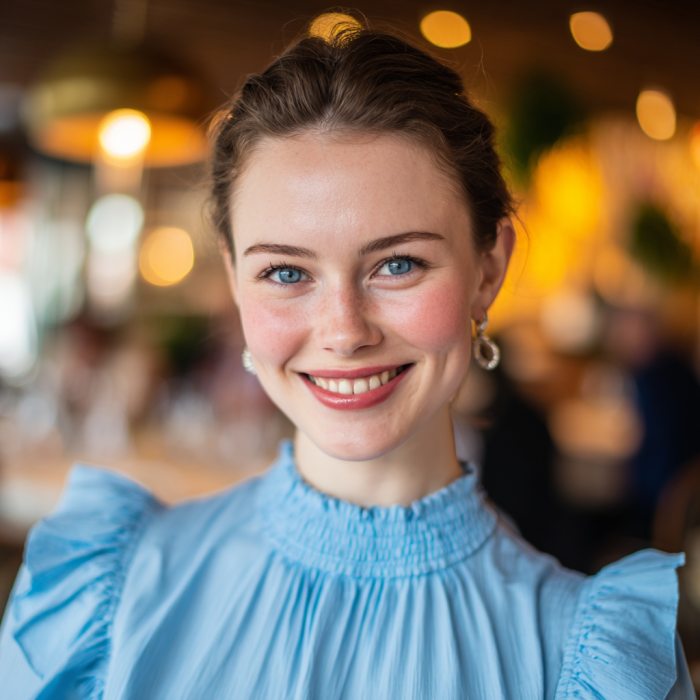 Una mujer feliz en un restaurante | Fuente: Midjourney