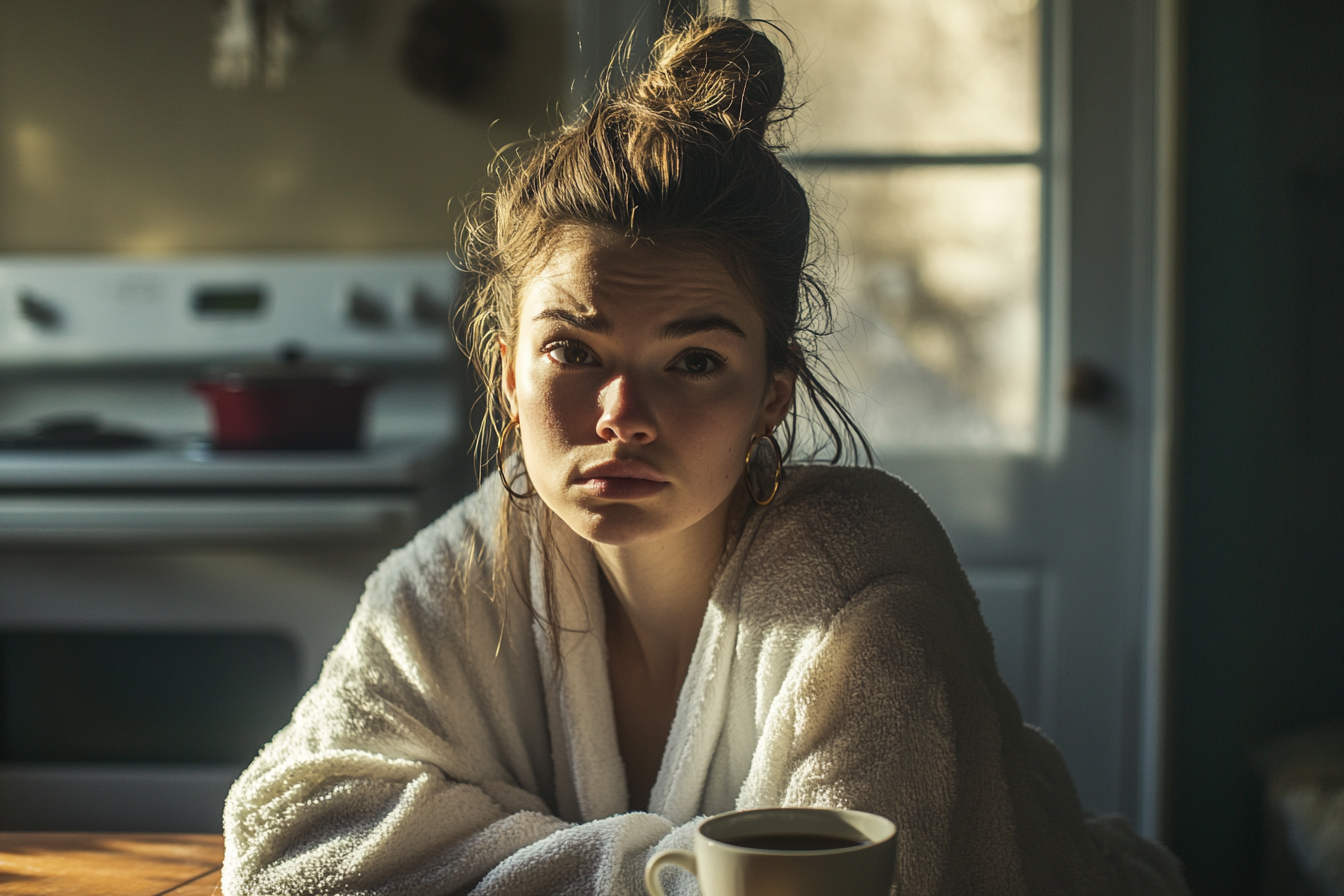 Una mujer de unos 30 años en la mesa de la cocina con una taza de té con aspecto triste y disgustado | Fuente: Midjourney