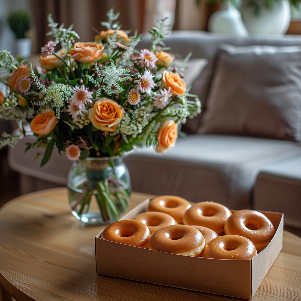 Un jarrón de flores y una caja de donuts sobre una mesa | Fuente: Midjourney