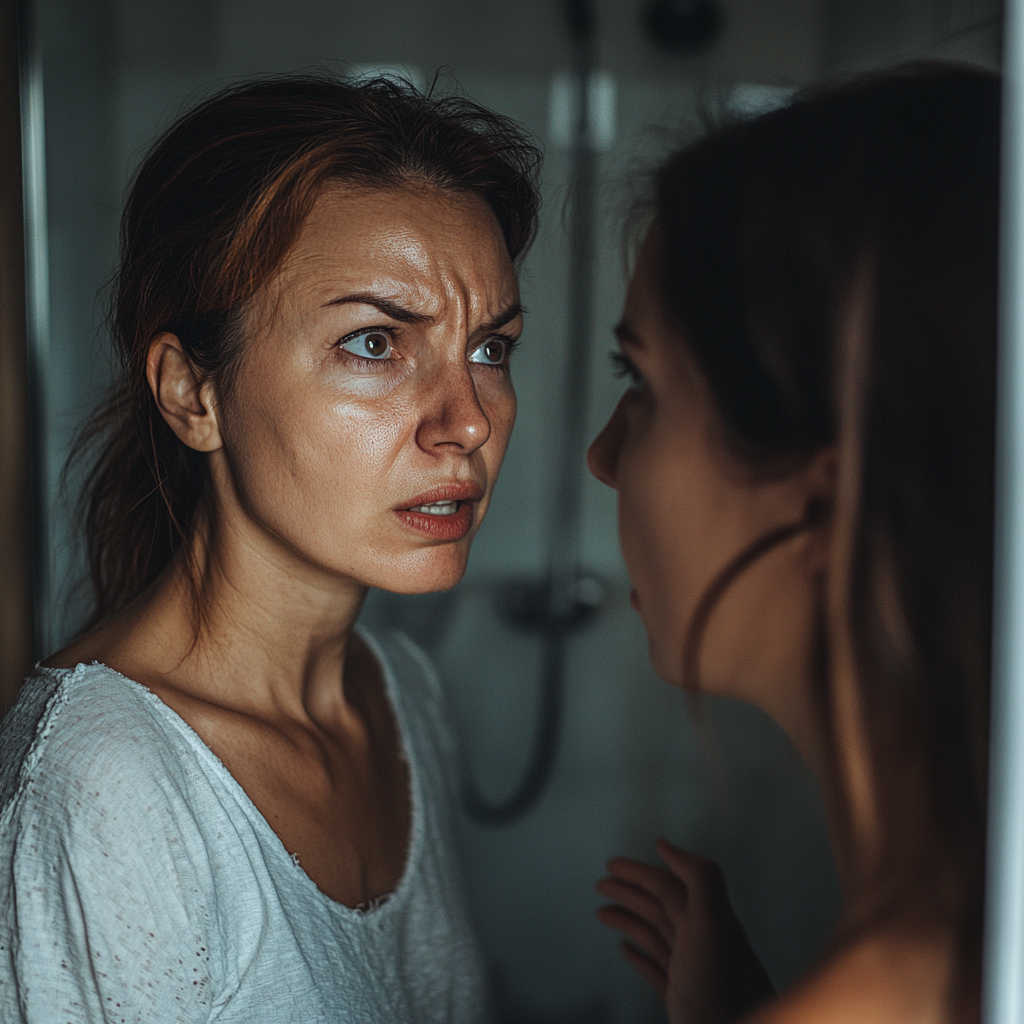 Una mujer decidida y enfadada en su cuarto de baño | Fuente: Midjourney