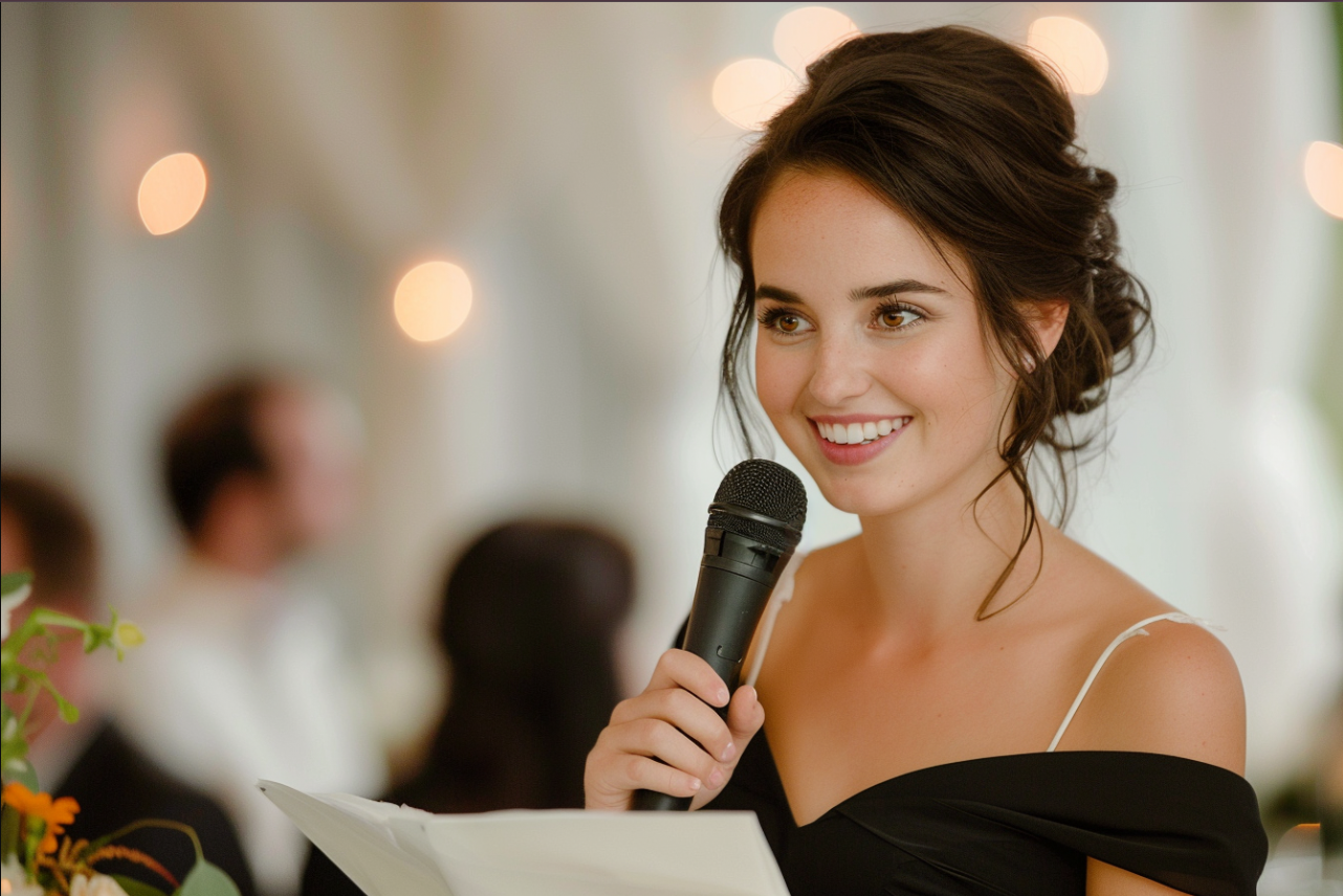 Mujer dando un discurso en una boda | Fuente: MidJourney