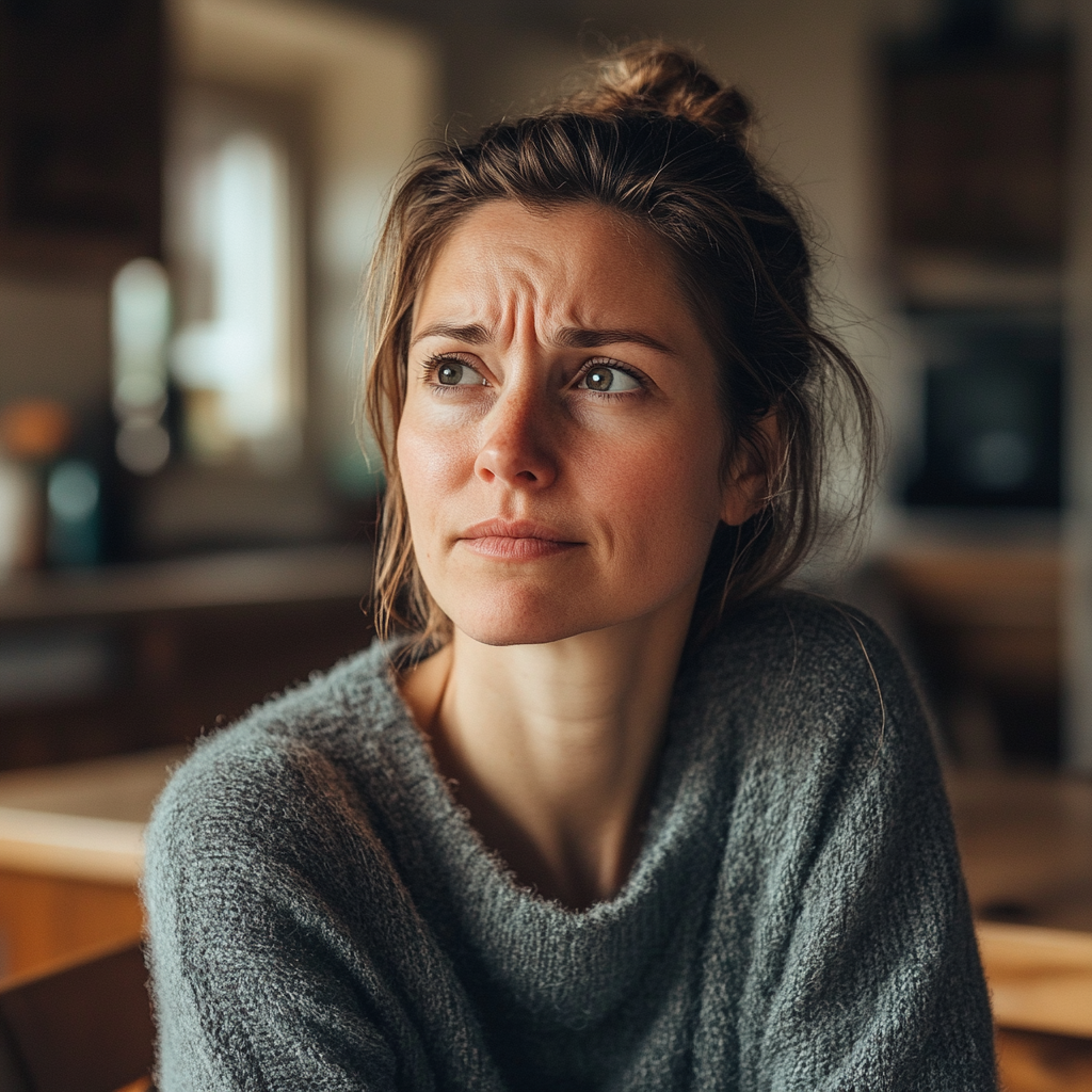 Una mujer parece pensativa y ligeramente preocupada | Fuente: Midjourney