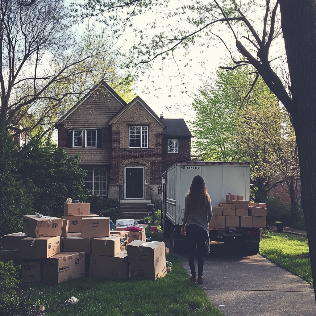 Una mujer de pie en la entrada de su casa con cajas | Fuente: Midjourney