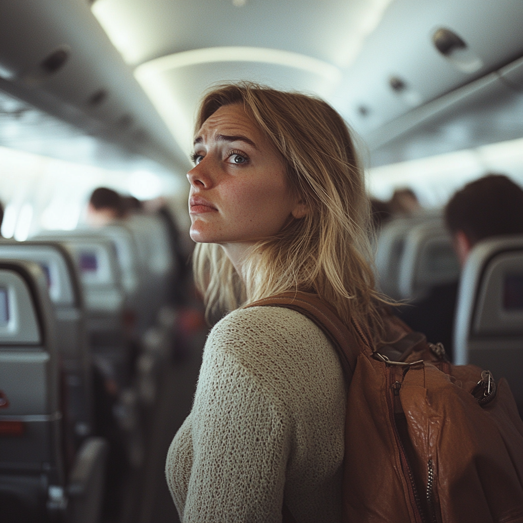 Una mujer infeliz en un avión | Fuente: Midjourney