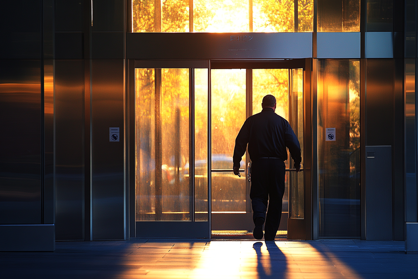 Un hombre saliendo de un edificio de oficinas | Fuente: Midjourney