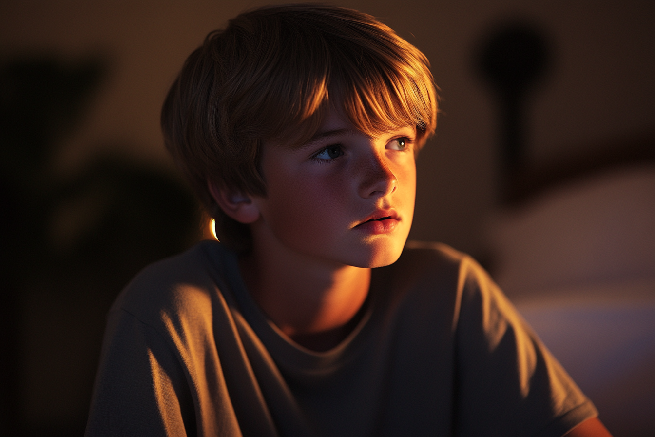 Un niño sentado en su habitación | Fuente: Midjourney