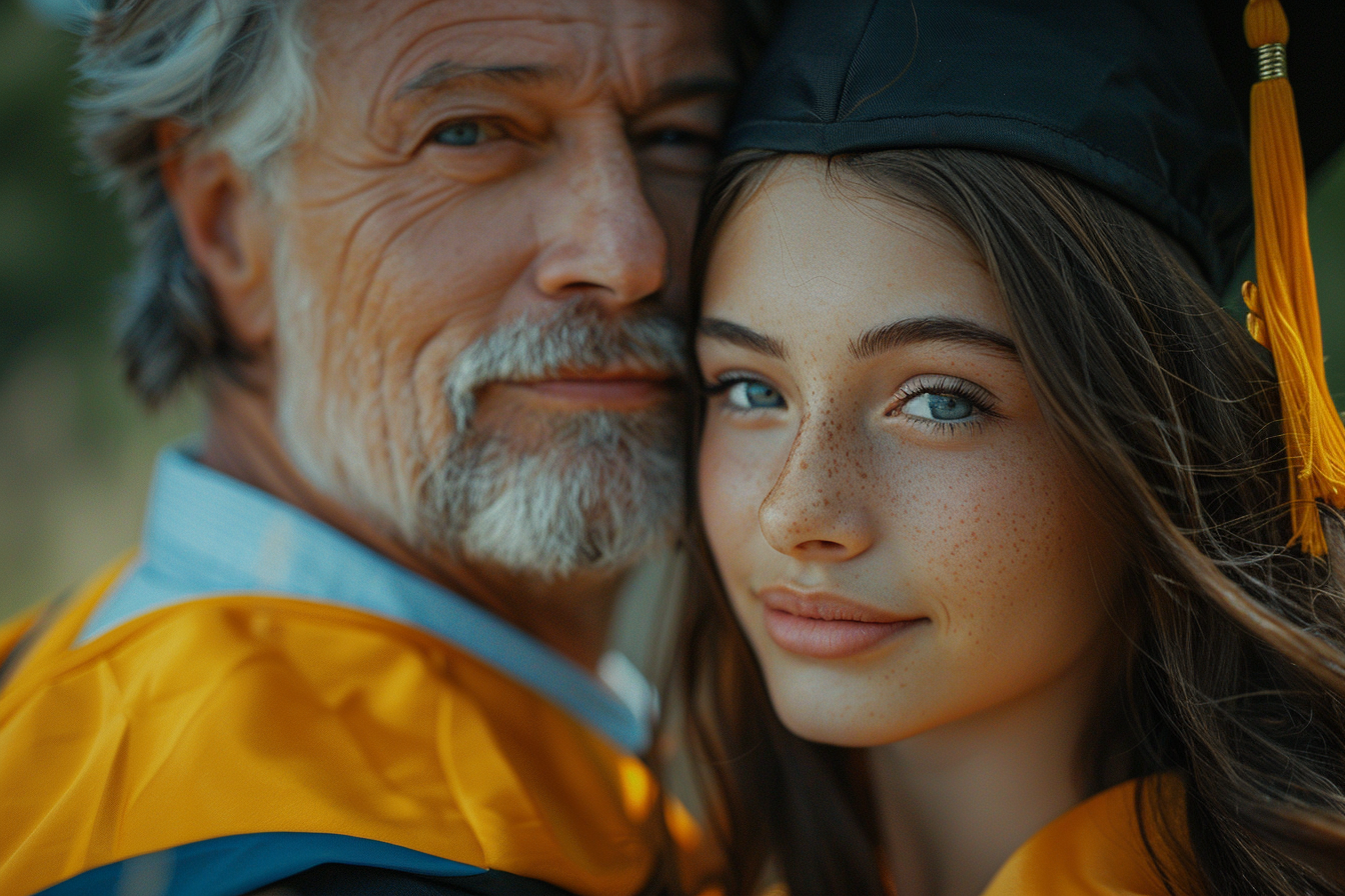 Chica joven con atuendo de graduación posando con un hombre mayor | Fuente: Midjourney