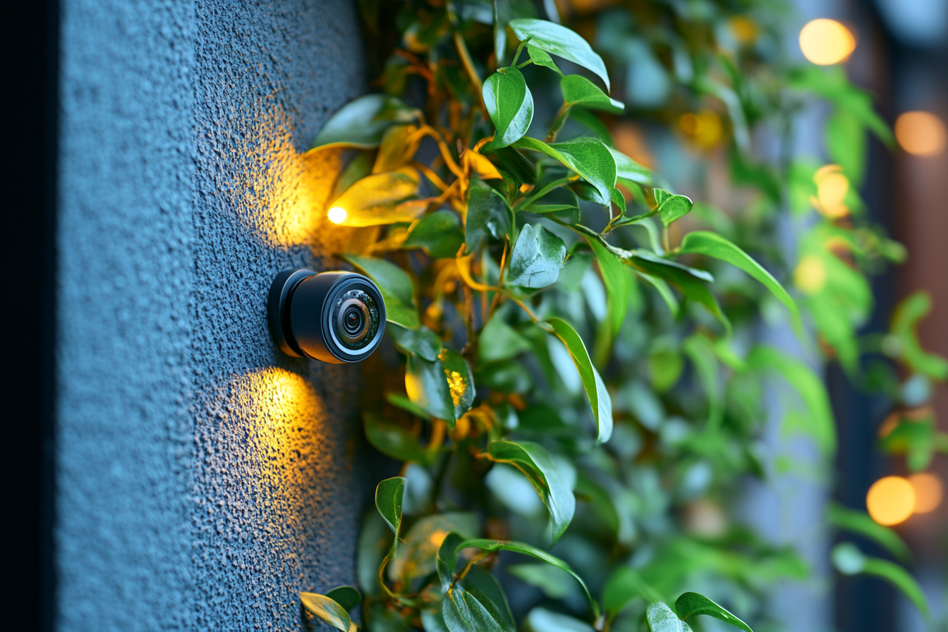 Una diminuta cámara instalada en la pared cerca de una planta | Fuente: Midjourney