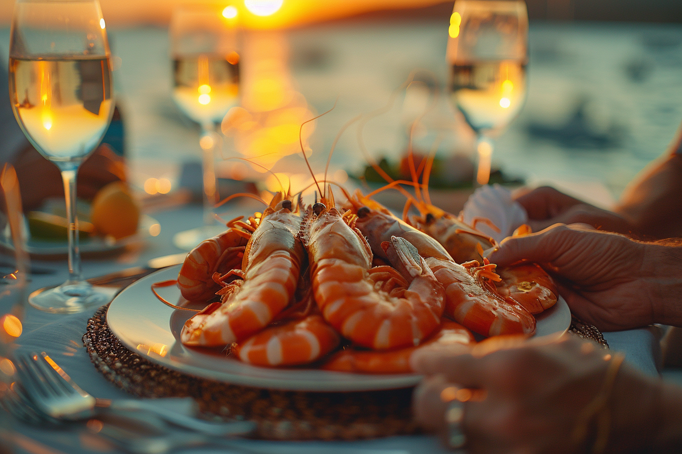 Un plato de marisco con el telón de fondo de un hermoso complejo playero | Fuente: Midjourney