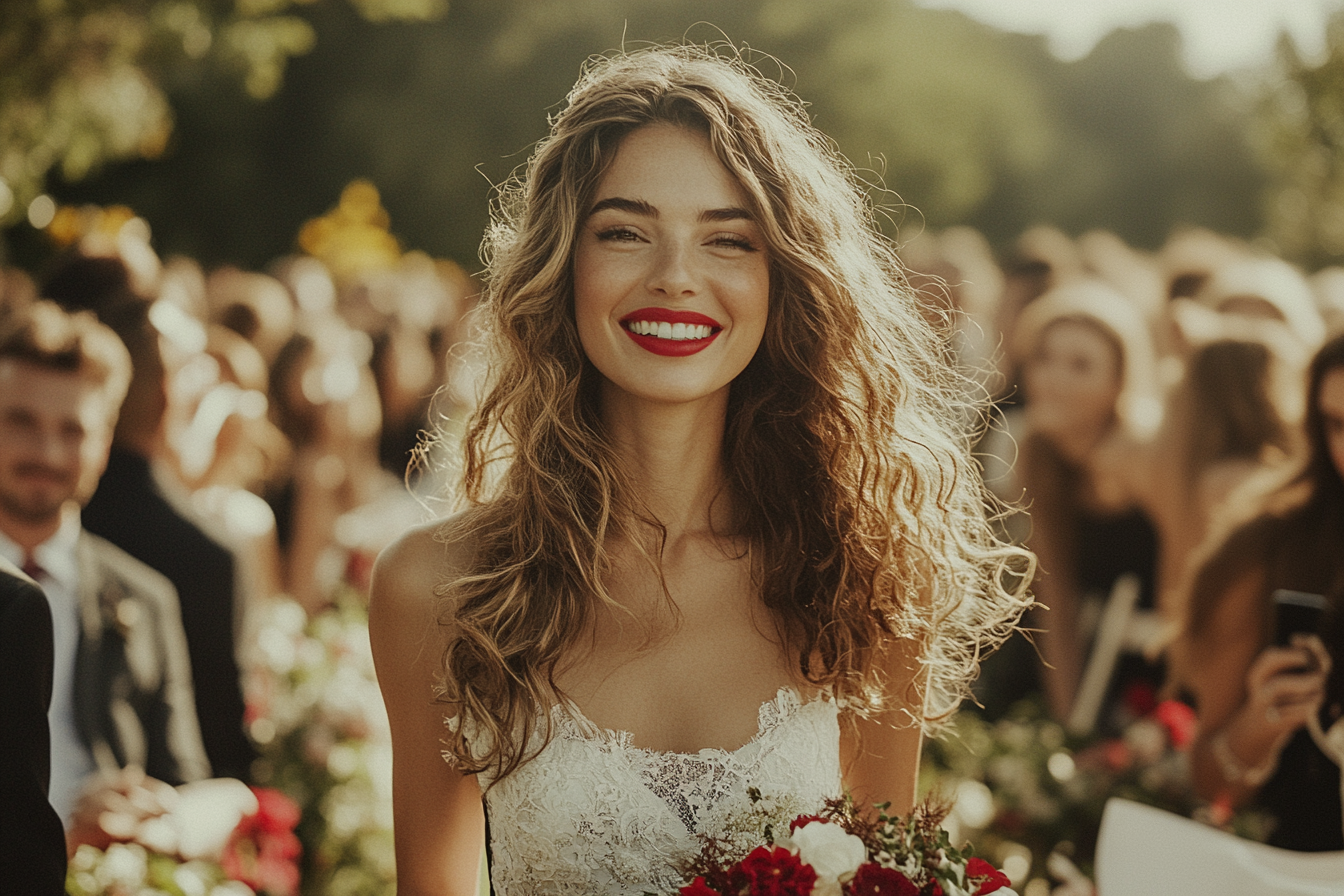 Una novia caminando hacia el altar en una boda al aire libre | Fuente: Midjourney