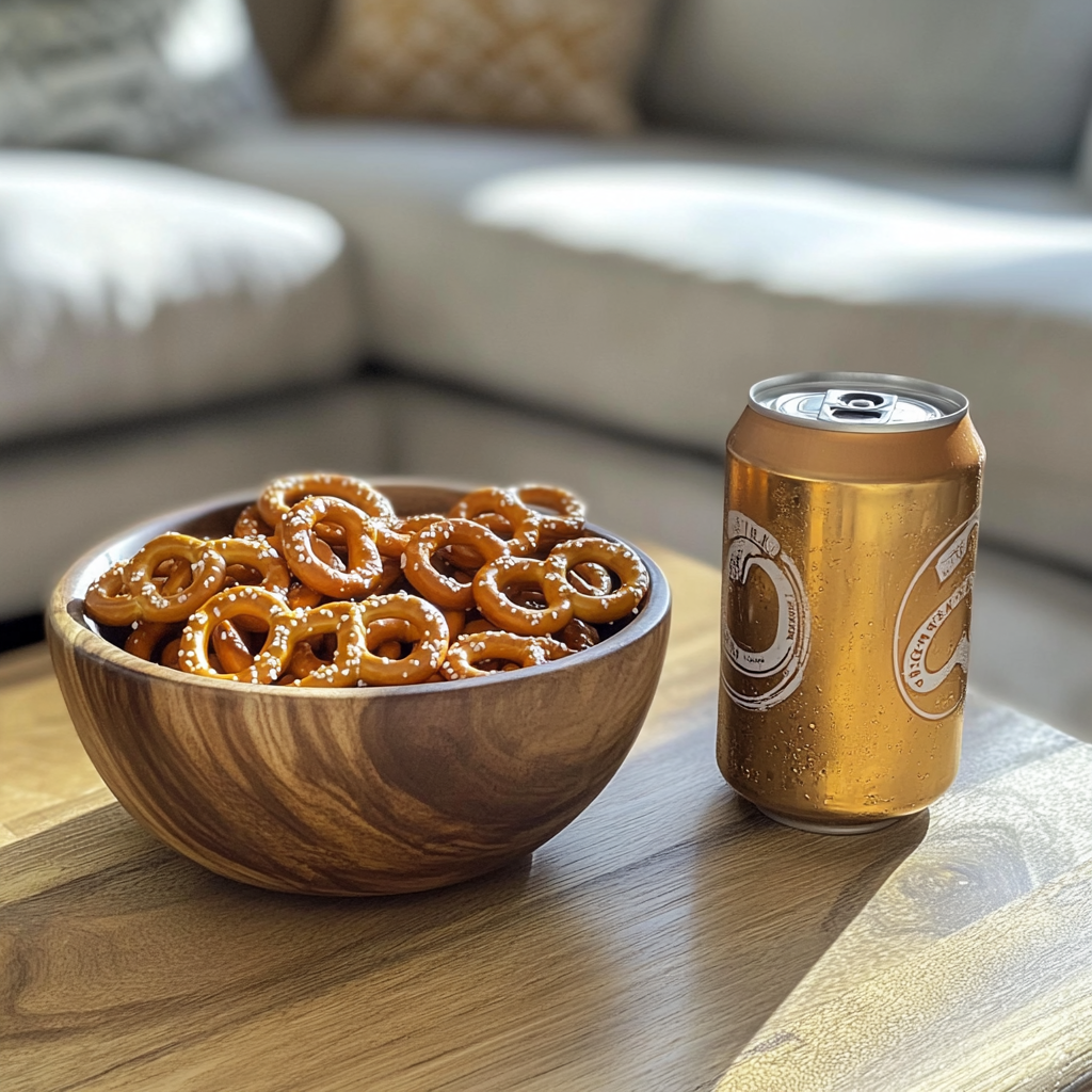 Cerveza y pretzels en una mesa de café | Fuente: Midjourney