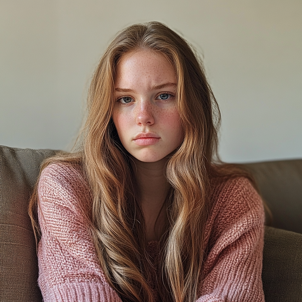 Una joven pensativa sentada en un sofá | Fuente: Midjourney