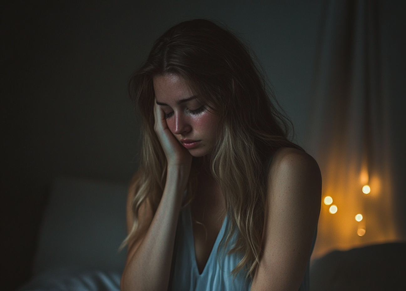 Una mujer alterada sentada en una cama | Fuente: Midjourney