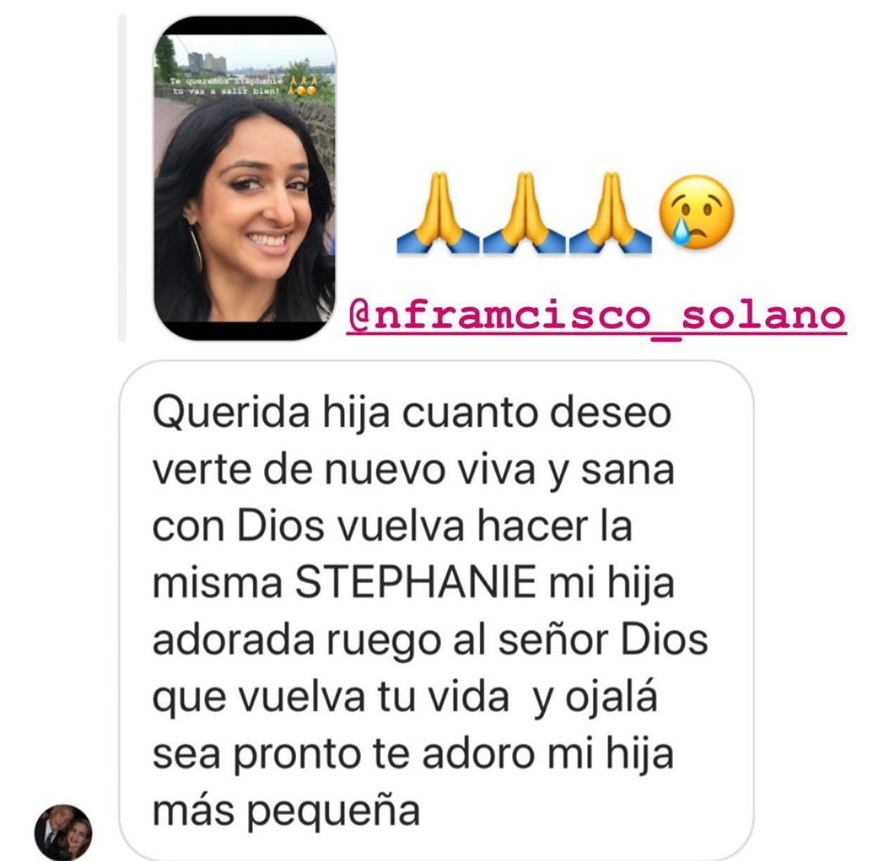 Mensaje escrito por Francisco Solano, padre de Gelena Solano, rogando por la recuperación de su hija. | Foto: Historias de Instagram/gelenasolanotv