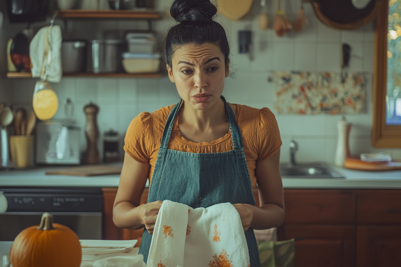 Una mujer parece confusa mientras se limpia las manos en un paño de cocina | Fuente: Midjourney