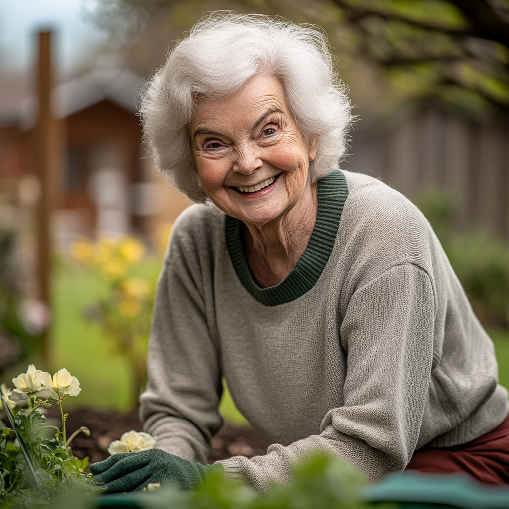 Una anciana feliz plantando flores en su jardín | Fuente: Midjourney