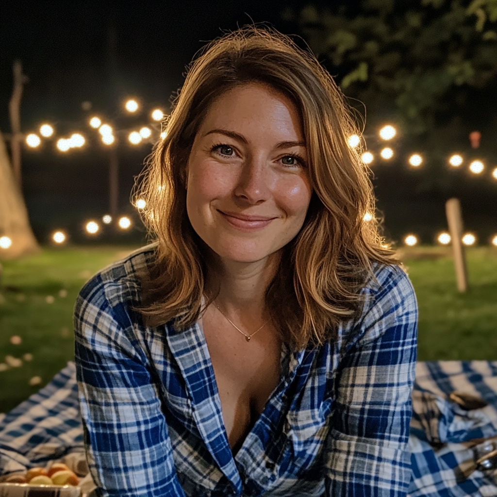Una mujer sonriente sentada fuera | Fuente: Midjourney