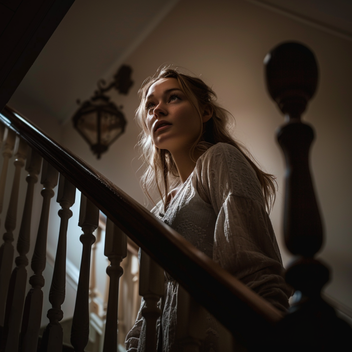 Una mujer subiendo las escaleras de una casa | Fuente: Midjourney