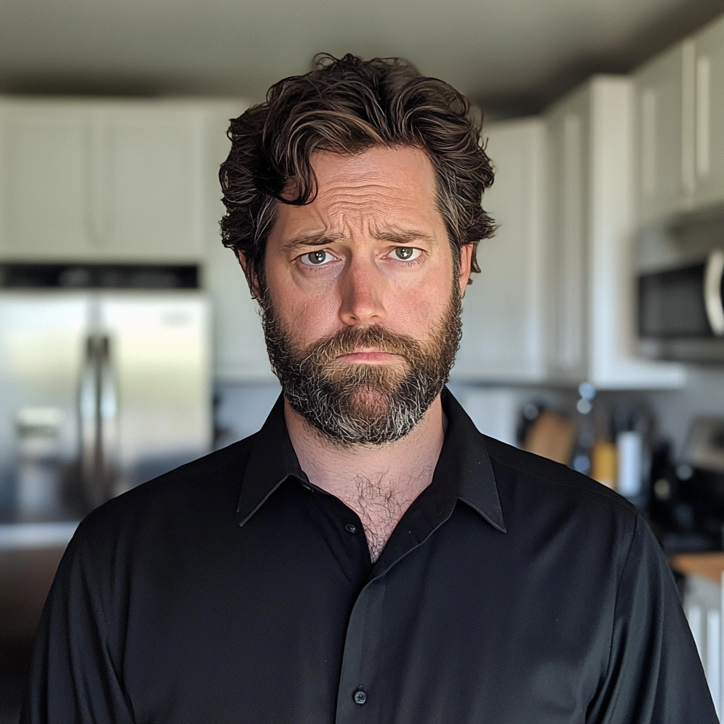 Un hombre alterado de pie en una cocina | Fuente: Midjourney
