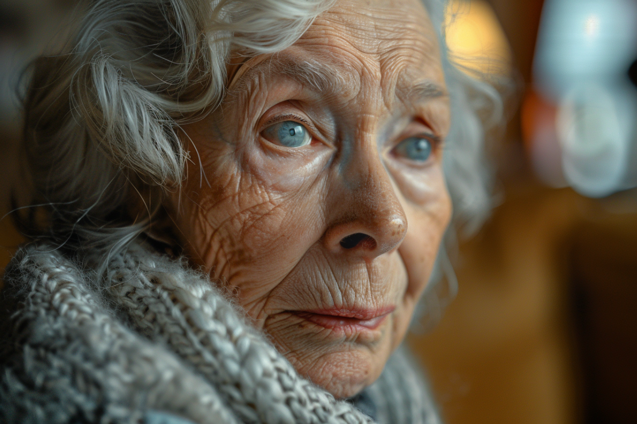 Una anciana con expresión pensativa | Fuente: MidJourney