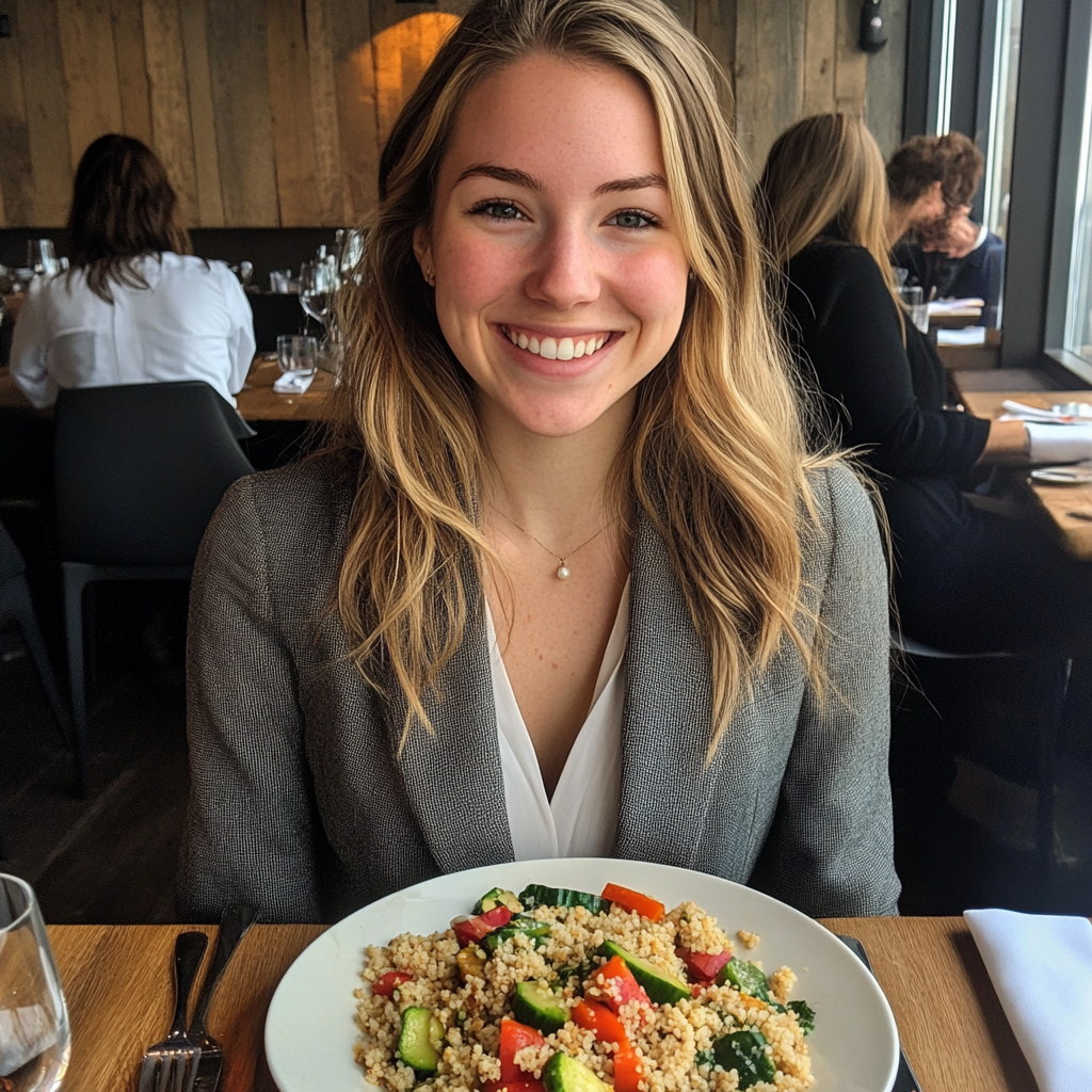 Una mujer sonriente sentada en un restaurante | Fuente: Midjourney