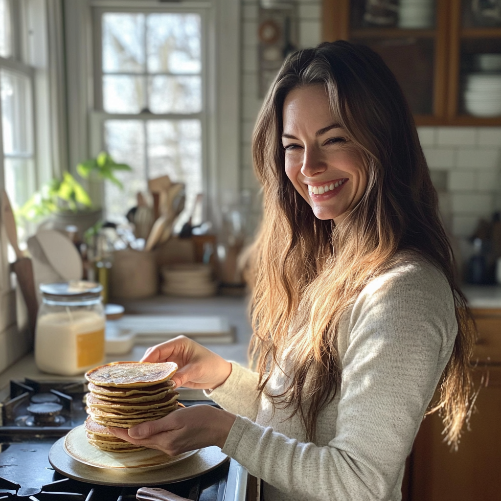 Una mujer sonriente con una pila de tortitas | Fuente: Midjourney