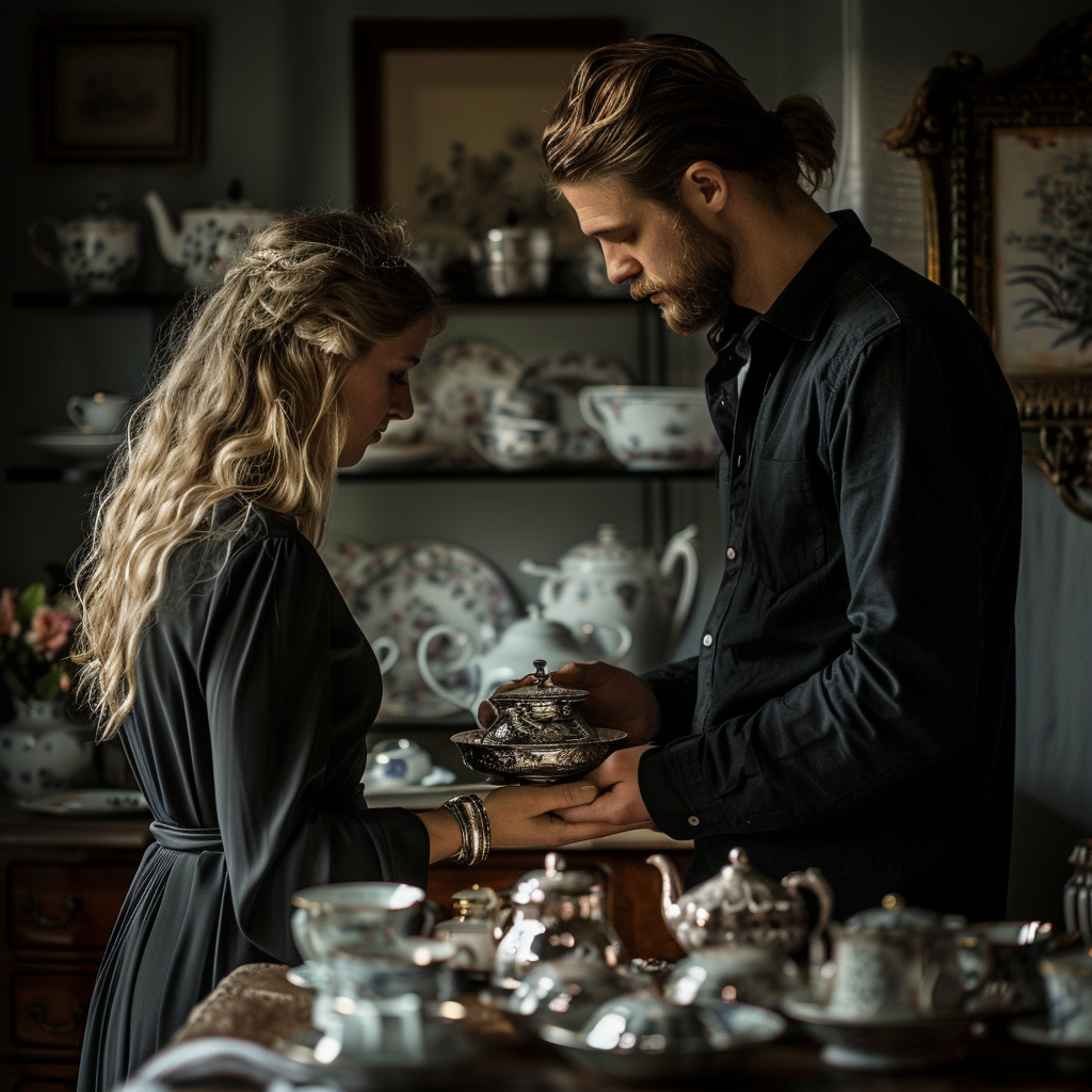 Jacob y Tiffany limpiando el juego de té de plata | Fuente: Midjourney