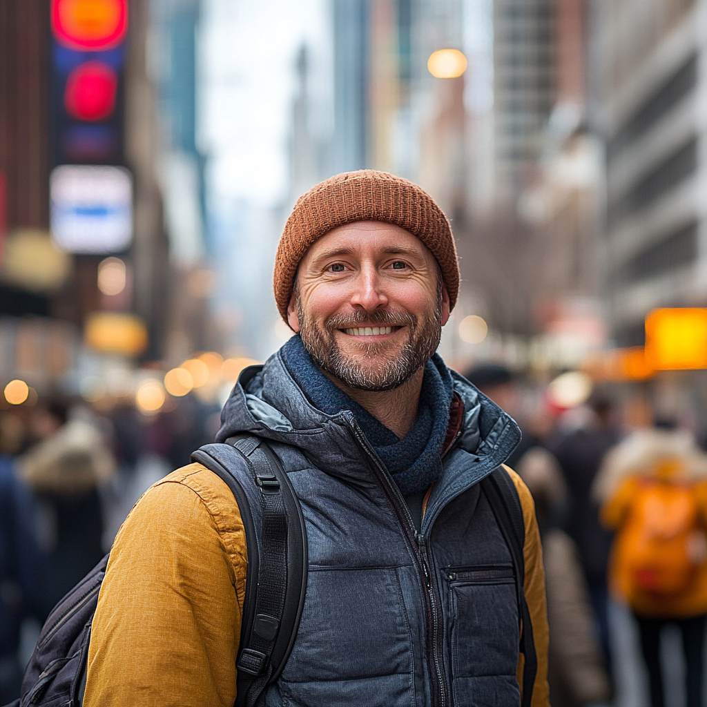 Un hombre sonriente paseando por una ciudad bulliciosa | Fuente: Midjourney