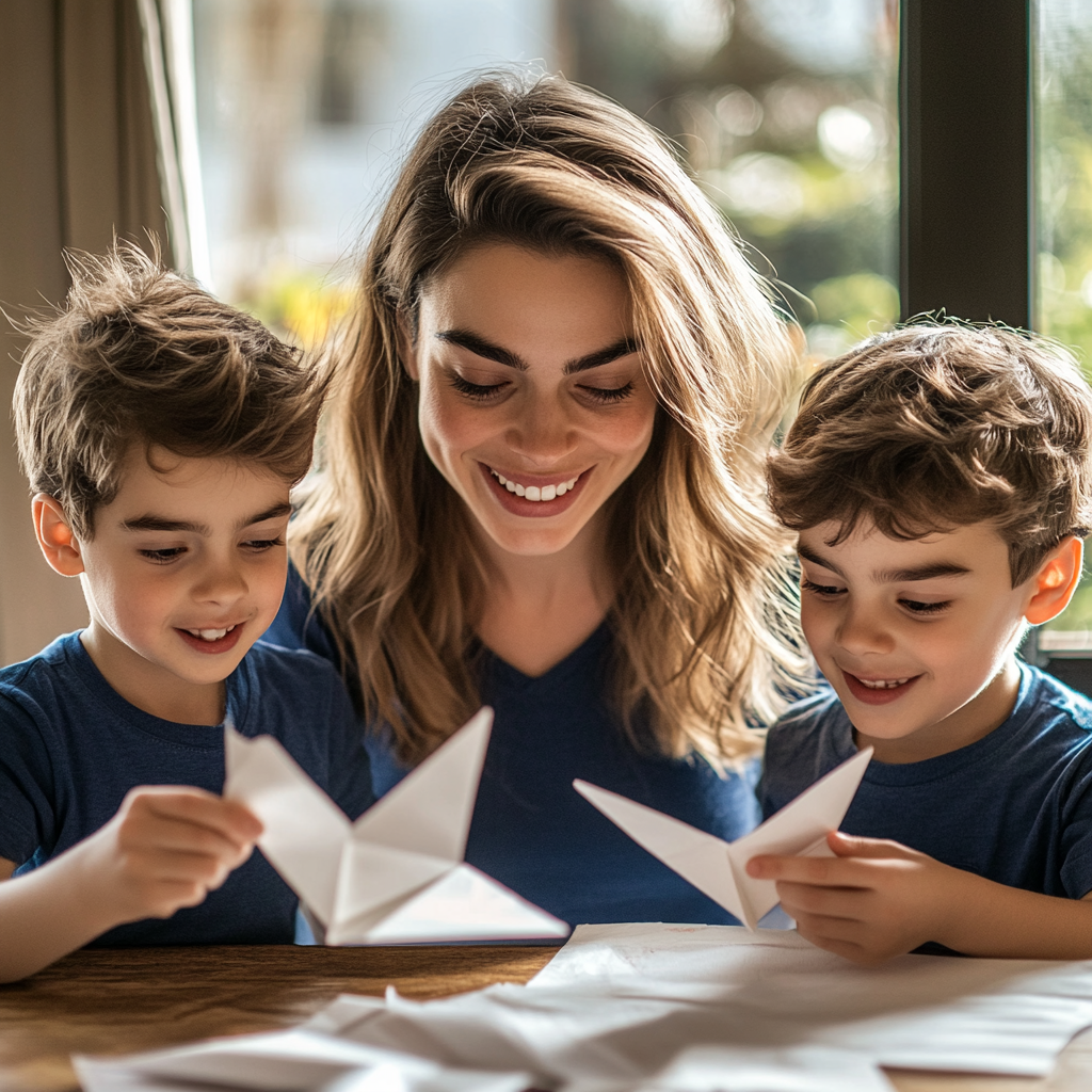 Una mujer haciendo aviones de papel con sus hijos | Fuente: Midjourney