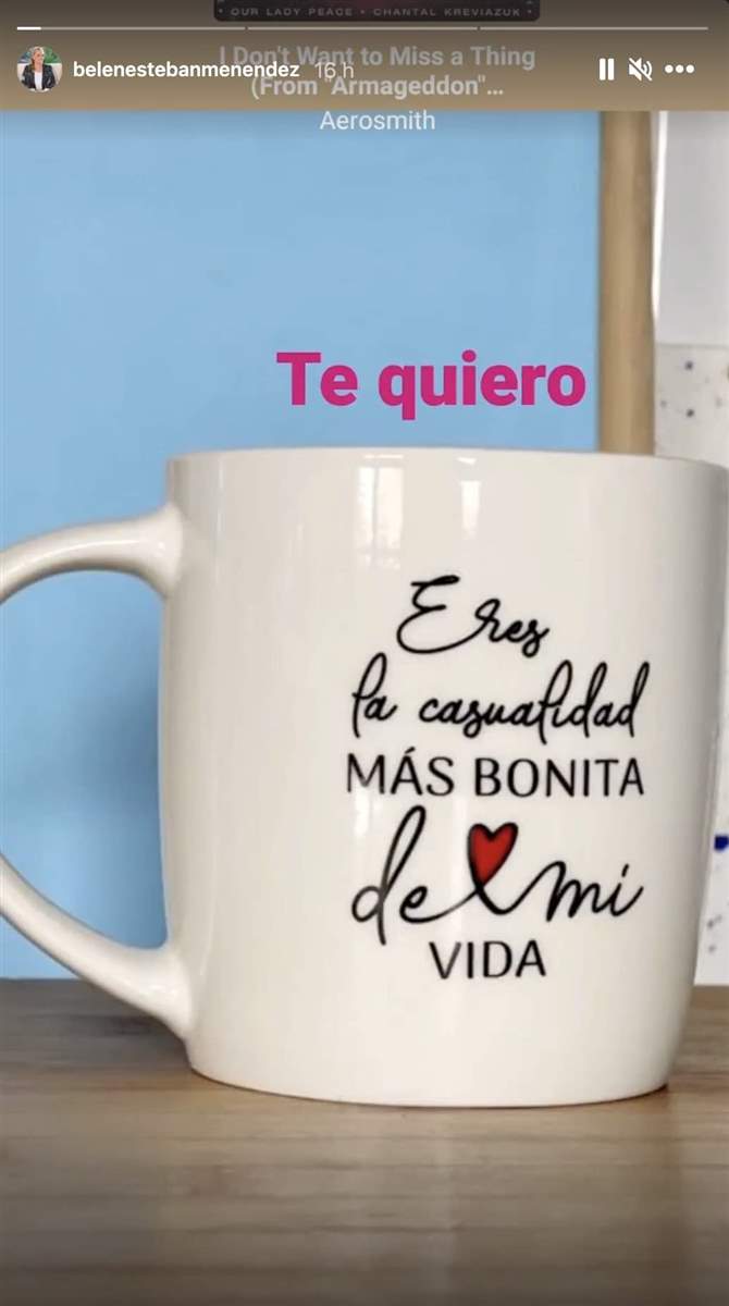 La taza que le regaló Miguel Marcos a Belén Esteban. | Foto: Captura de Instagram/belenestebanmenendez