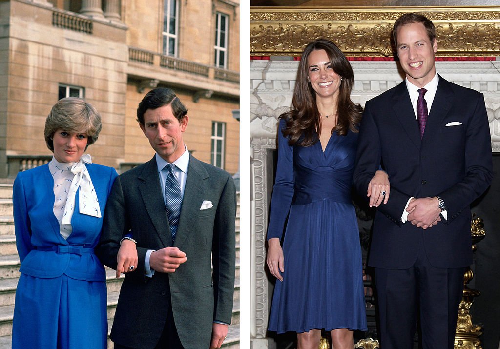 Comparación entre los anuncios de compromiso del Príncipe Charles con Lady Diana Spencer, y el Príncipe William con Kate Middleton. | Foto: Getty Images