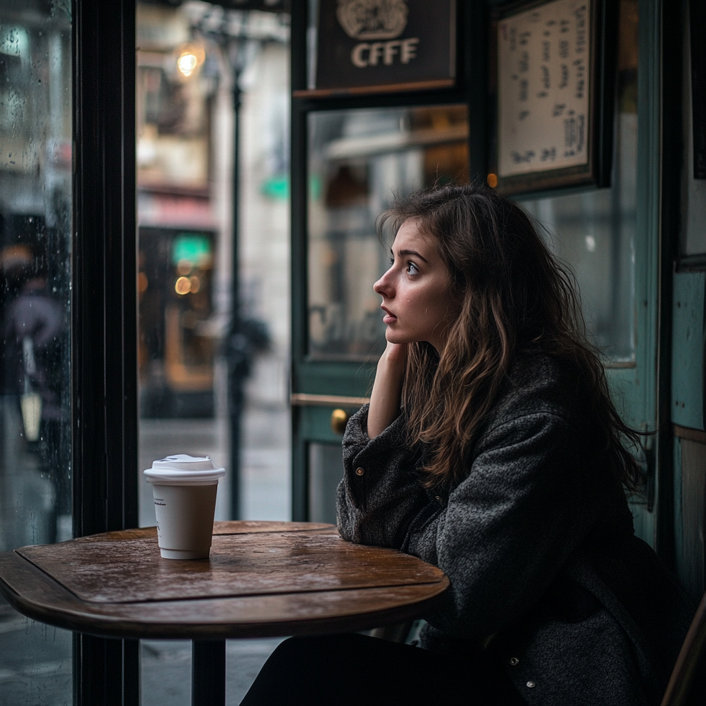 Una mujer sentada en un café | Fuente: Midjourney