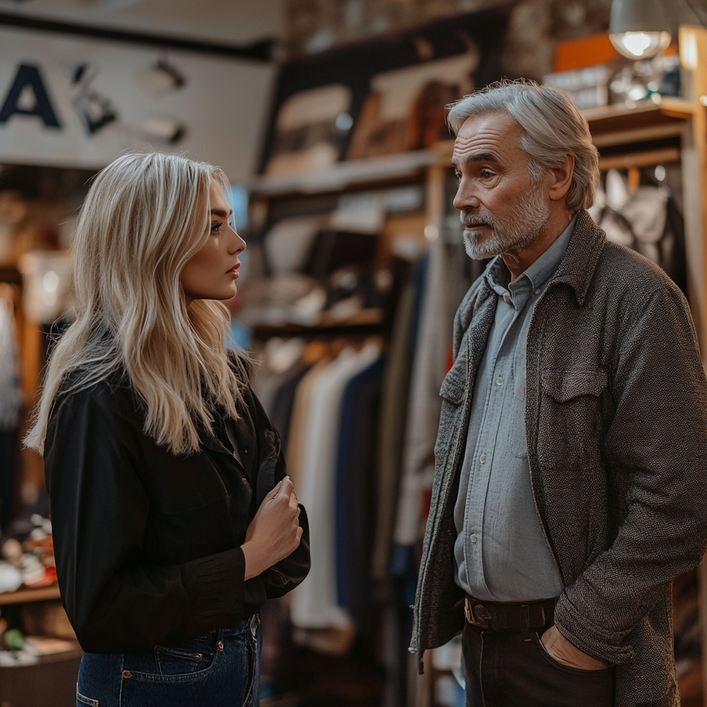 Una mujer seria hablando con el dueño de la tienda | Fuente: Midjourney