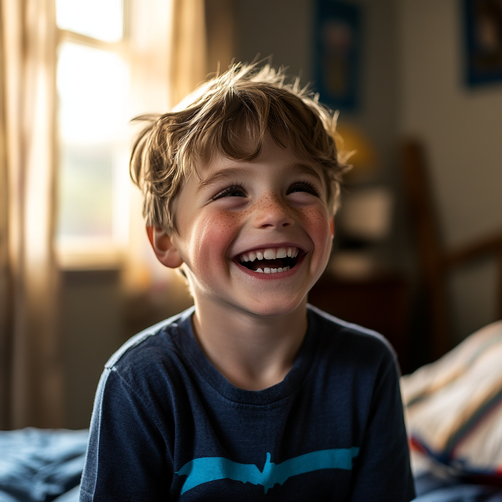 Un niño feliz sentado en su habitación | Fuente: Midjourney