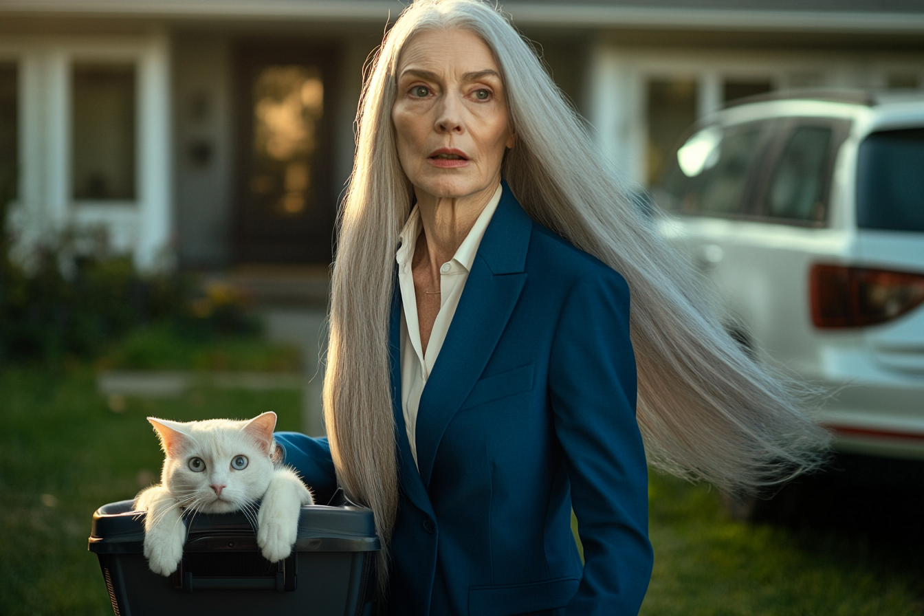 Una mujer mayor caminando deprisa, llevando un gato en una cesta | Fuente: Midjourney