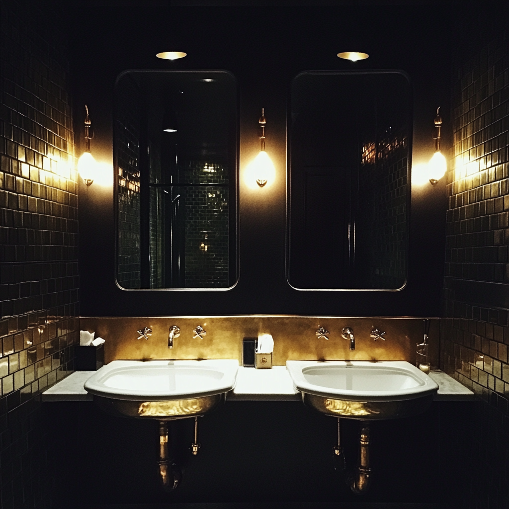 El baño de un restaurante en negro y dorado | Fuente: Midjourney