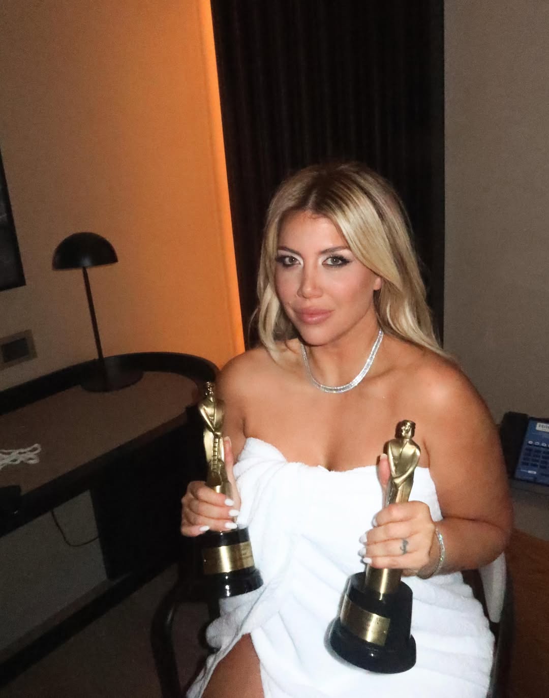 Wanda Nara sosteniendo dos estatuillas de los premios Martín Fierro | Fuente: Instagram Stories/wanda_nara
