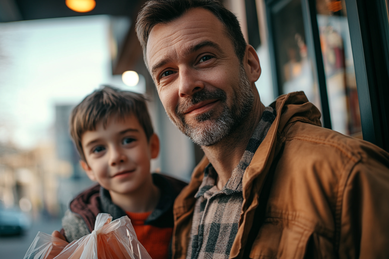 Un hombre y su hijo saliendo de una tienda | Fuente: Midjourney